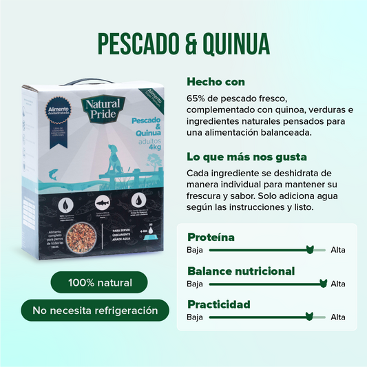 Comida natural deshidratada para perro con pescado fresco, verduras y quinoa
